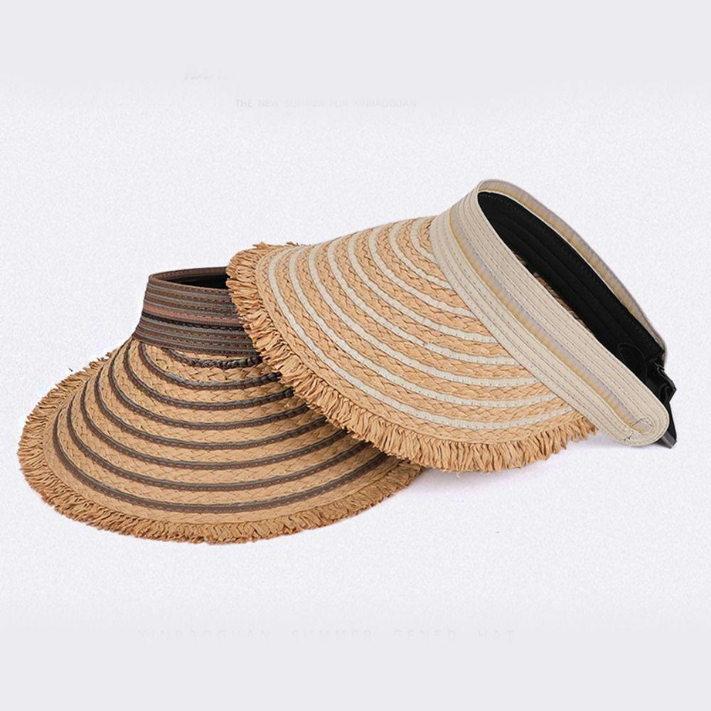 Solid Color Wide Brim Woven Breathable Folding Sunshade Hat Empty Top Straw Hat Seaside Vacation