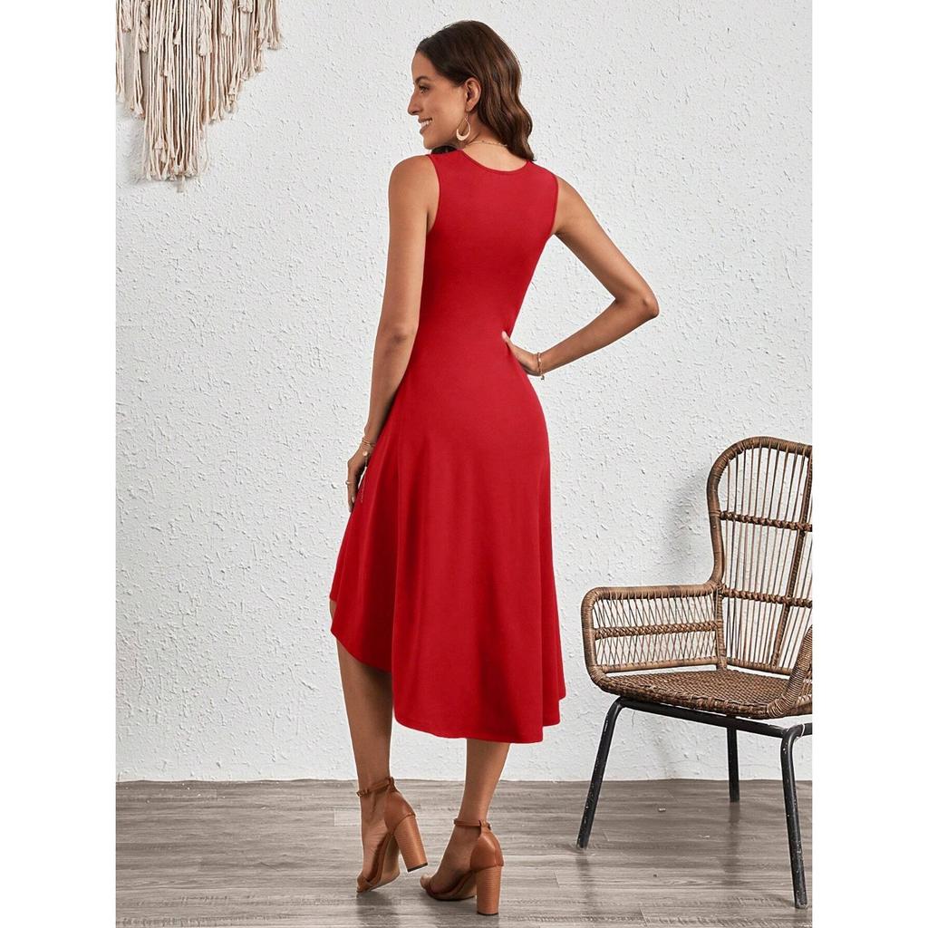 IHUASU Summer Women's Summer Fashion Sleeveless Solid Color A-line Crepe Mid-dress