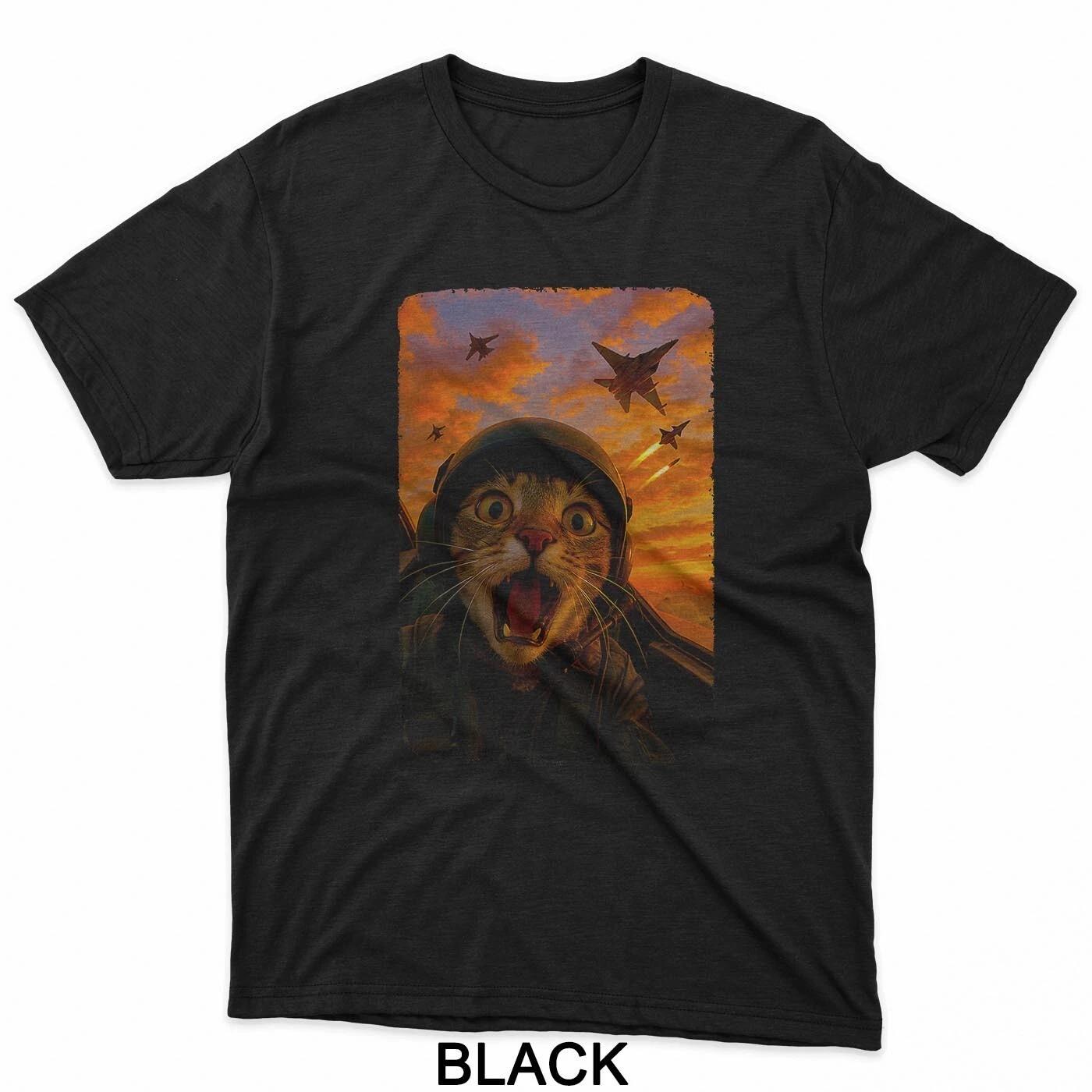 Funny Screaming Cat Fighter Jet Pilot Kitty Selfie T-Shirt 2XL