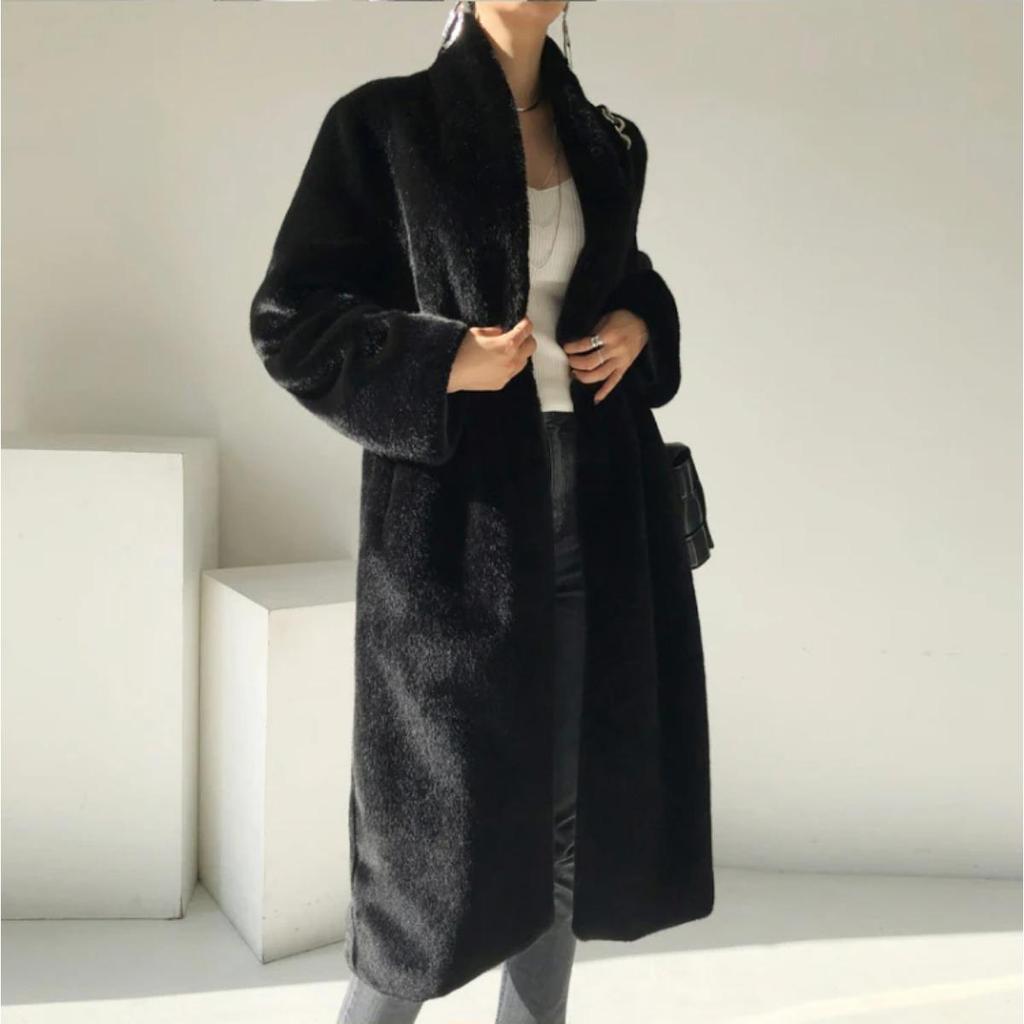 Winter Lang Schwarz Luxuriös Elegant Stilvoll Dick Warm Flauschig Zottelig Weich Faux Nerz Pelzmantel Damen Stehkragen Schärpen