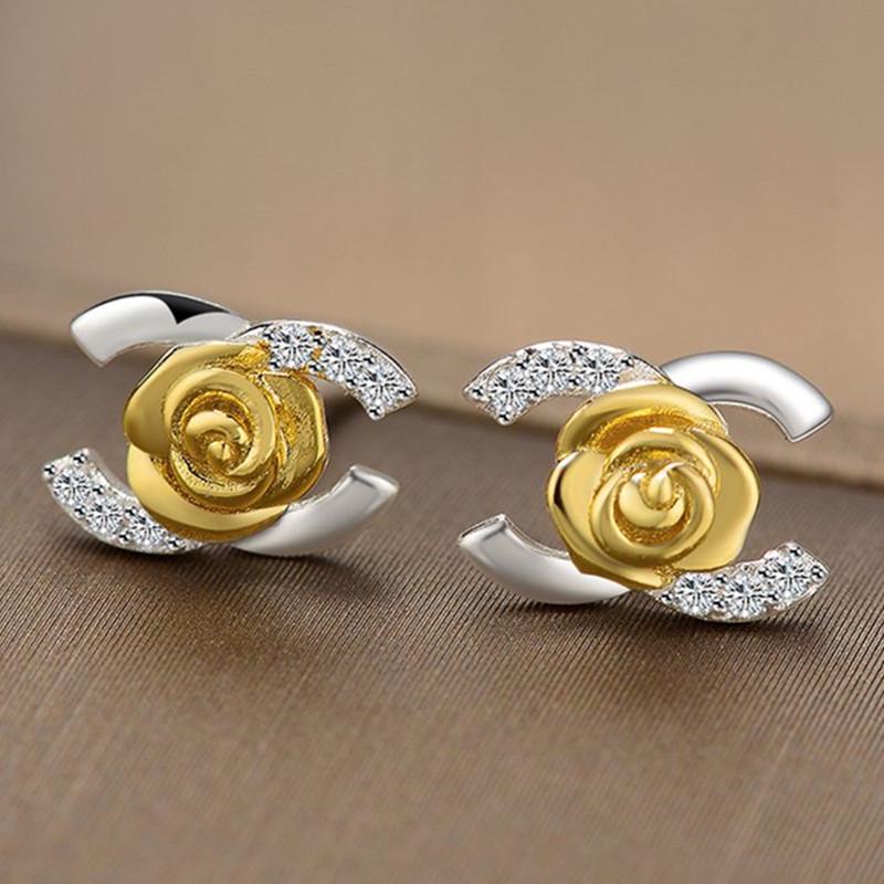 

Южнокорейские модные серьги-розы с буквой C, элегантные женские двухцветные инкрустированные бриллиантовые серьги
