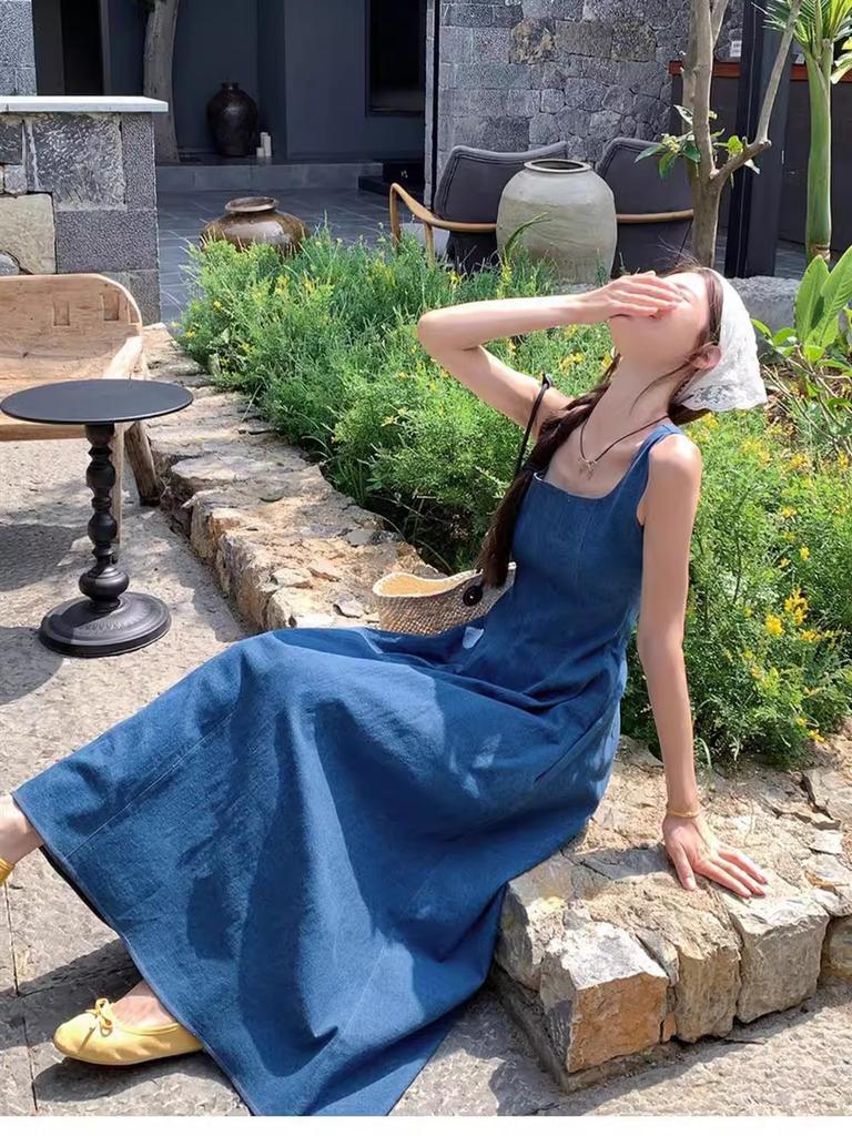 Blue Sleeveless Denim Tube Top Dress for Women Spring Summer New Style Square Neck Slim Fit French Style Long Dress