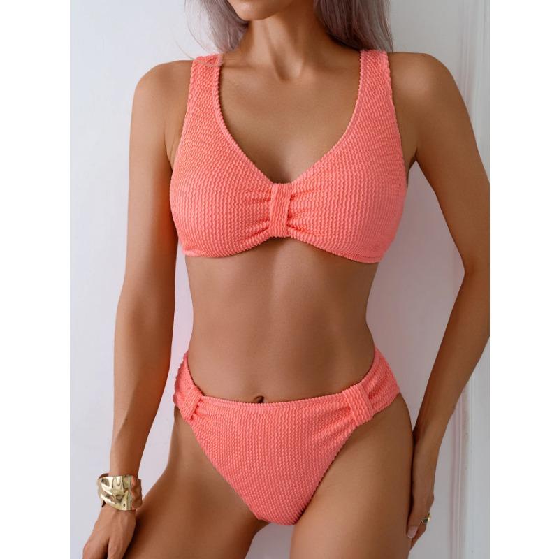 

2025 Summer New Women s 2 Piece Swimsuit Solid Color High Waist Bikini Set V-neck Backless Beach Vacation Bathing Suit Swimwear S зелений