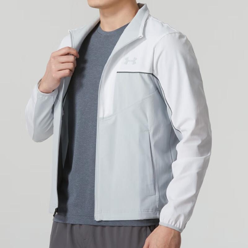 Under Armour Color Block Running Sports Stand Collar Long Sleeve Jacket Men Jacket White 1350044-100