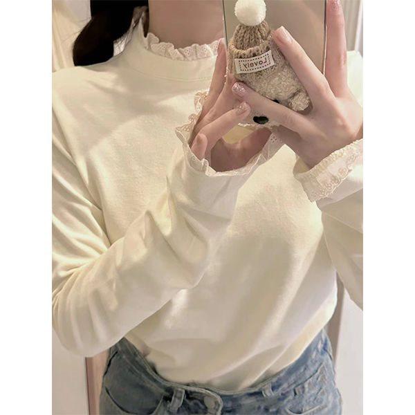 Women's Retro Lace Semi-High Neck Long Sleeve Top - Spring/Summer