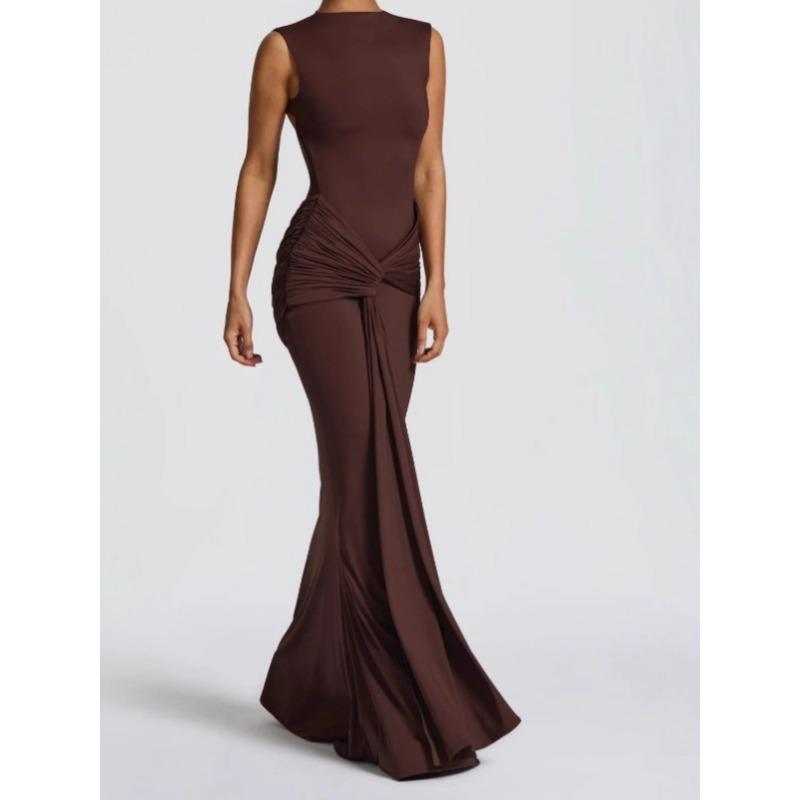 Herbst Neue Mode Unifarbener Rundhalsausschnitt Ärmelloses Bandkleid Sexy Rückenfreies Schlankes Faltenkleid Rock