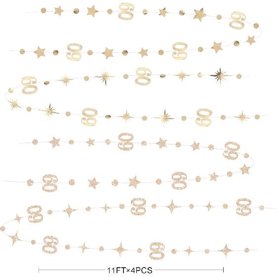 Champagne Gold 60th Birthday Decorations Number 60 Circle Dot Star Garland Metallic Streamer Banner for Women Mens Cheers to 60 Years Old Birthday