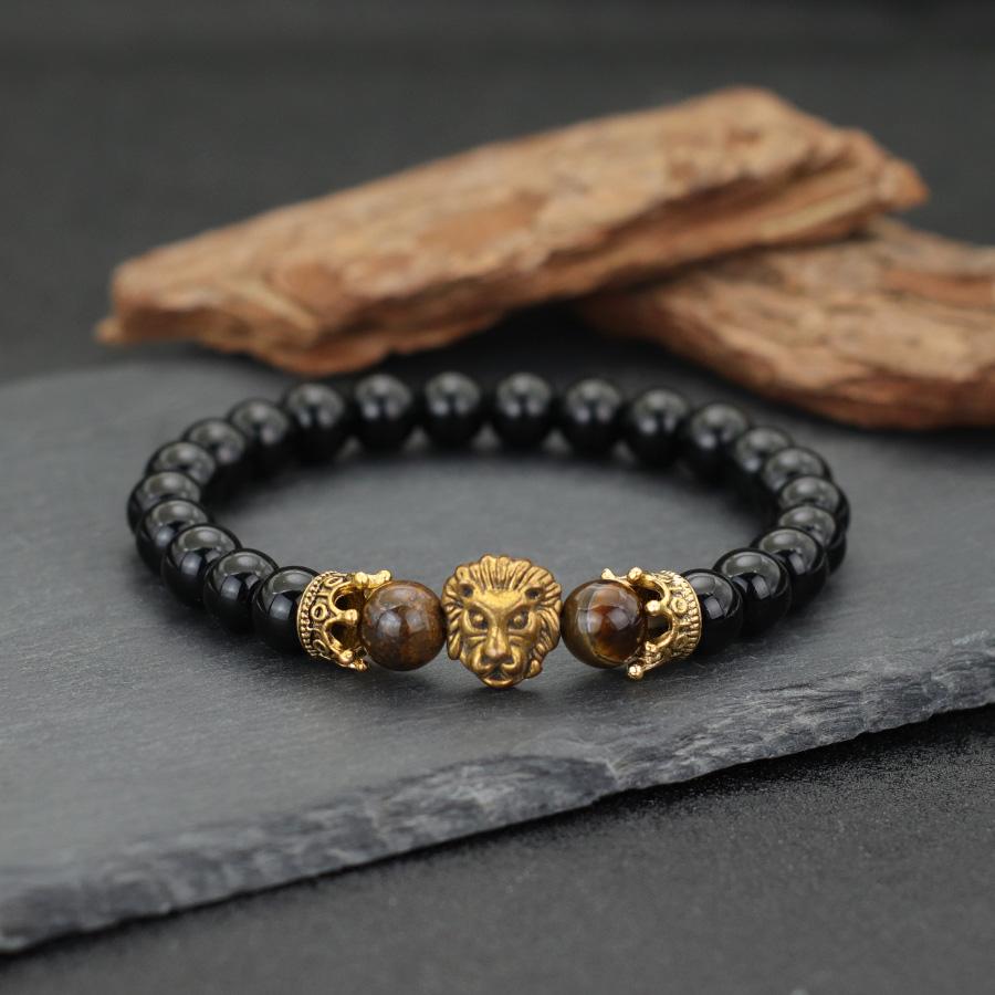 

Retro Lion Bracelet For Men 8mm Onyx Obsidian Stone Beaded Braslet Viking Accessories Pulseras Hombre Cool Riding Hand Jewelry