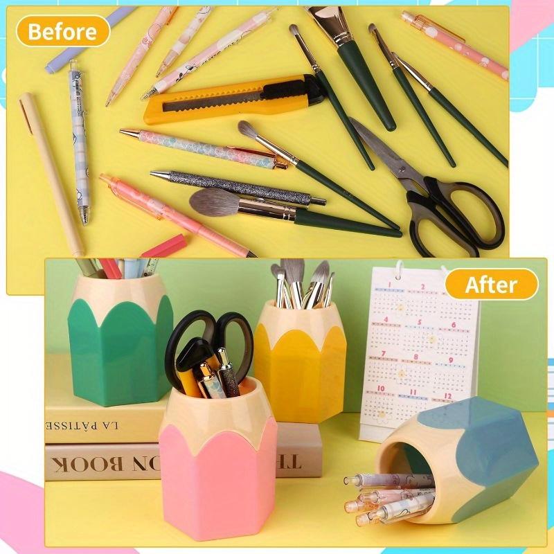 9pcs Cartoon Pencil-Shaped Desk Organizer Set PE Plastic Pen Holder with Cup and Box, Office Colorful Stationery Storage, Desktop Brush Container