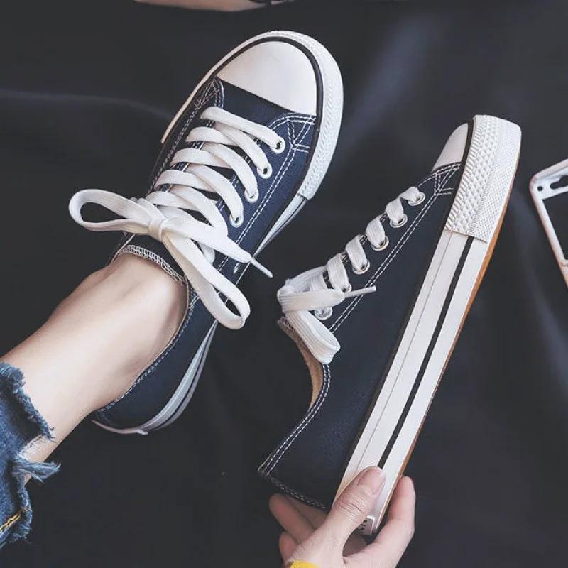 Shoes For Women Low-Top Vulcanized Canvas Platform Sneakers Black Flats Tennis Female Classic Student Small Couples Skateboard