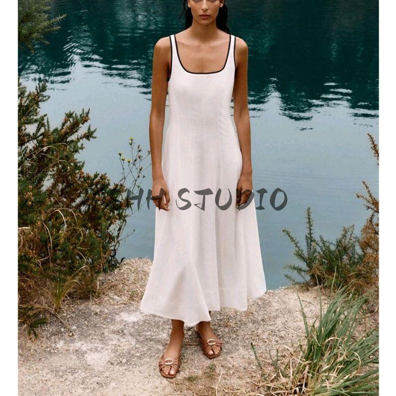 Autumn New Women Clothes Sling Contrast Color Trim Linen Blend Midi Dress 8214393 8214386