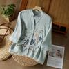 2023 Summer High-End Cotton Linen Frog Button Embroidered Blouse