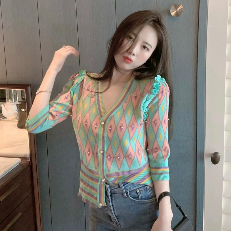 Spring Autumn Women V-neck Casual Beading Plaid Single Breasted Knitted Sweater Cardigan Top