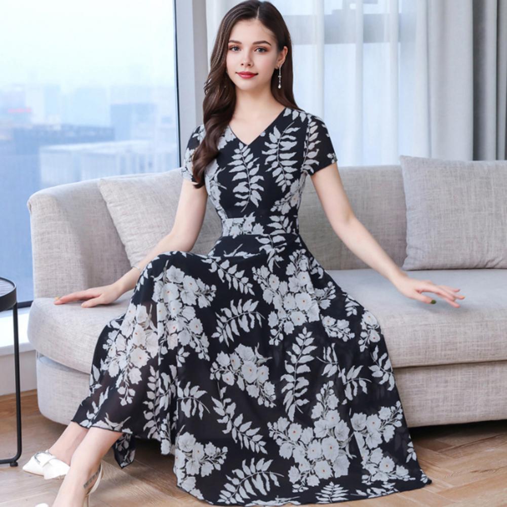 Women Midi Dress V-Neck Short Sleeve Waist Tight Flowy Hem Dress Leaf Printed Office Dress Leisure Party Wear