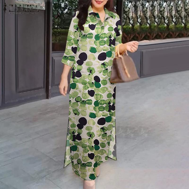 ZANZEA Women Turn Down Collar Long Sleeve Loose Print Shirt Dress