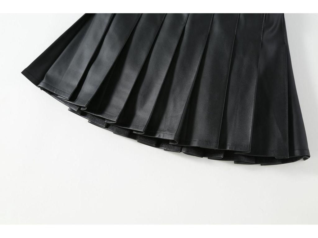 Schwarzer PU-A-Linien-Faltenrock für Mädchen mit hoher Taille und Hose für Herbst und Winter