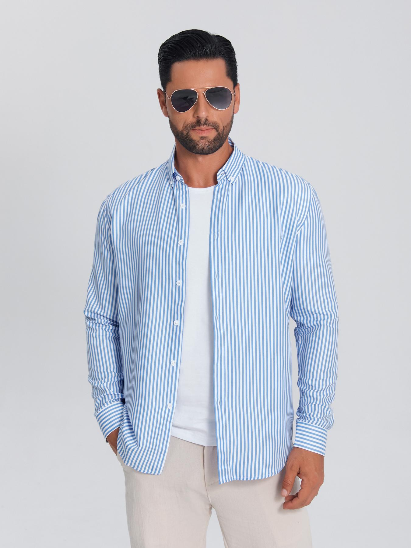 

Мужская приталенная рубашка в полоску с длинным рукавом M синий