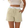Ladies' Fashionable Color Elastic Waistband Drawstring Pocket Straight Leg Casual Shorts