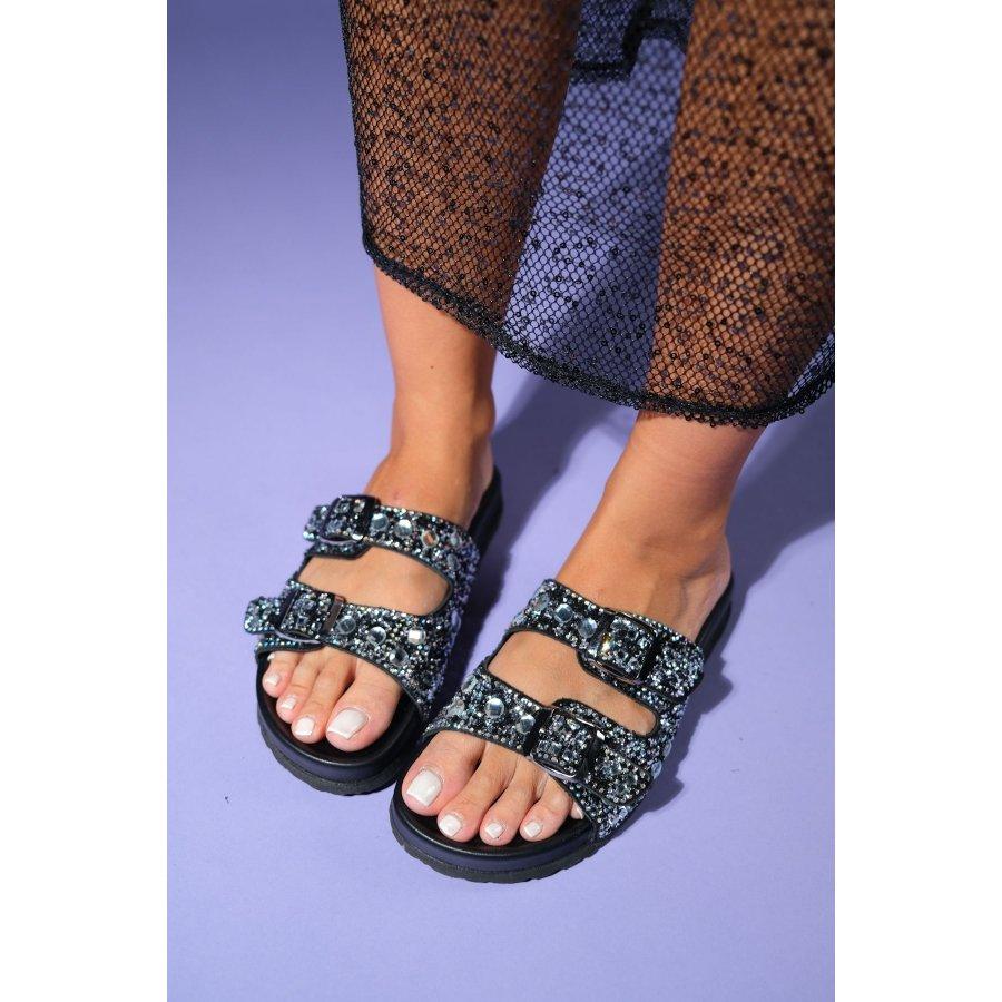 Crystal Embellishment Genuine Leather Double Belt Women's Slippers