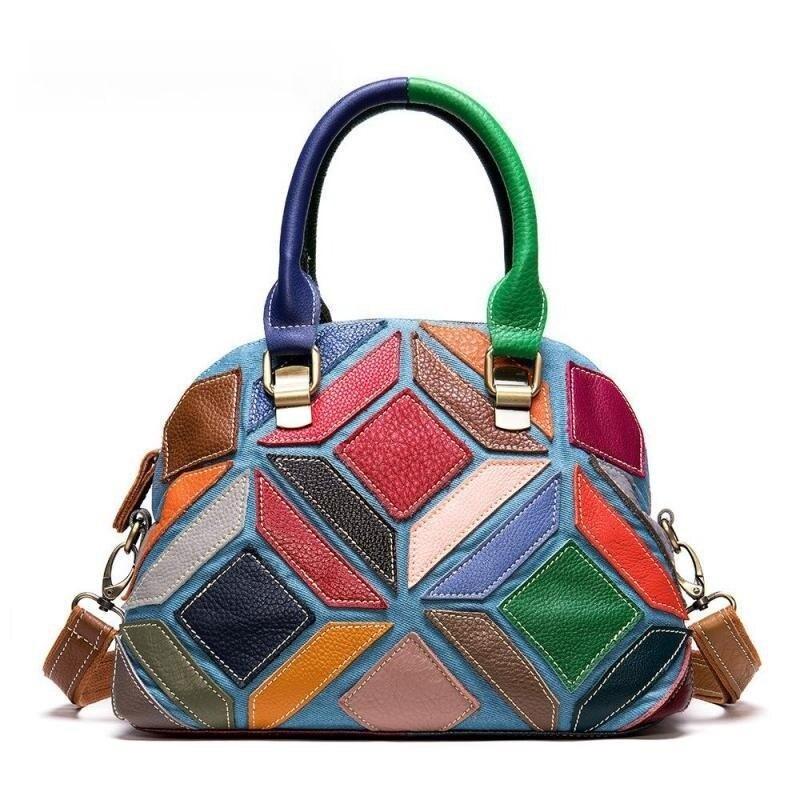 Yjsty Women's Genuine Leather Bag Color Stitching Soft Cowhide Handbag Large Capacity Shoulder Bags