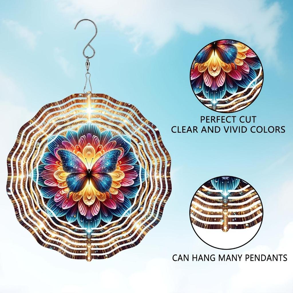 Bohemian Mandala Floral Butterfly Wind Spinner 3D Stainless Steel Metal Sculpture for Garden Outdoor Indoor Decor Gift