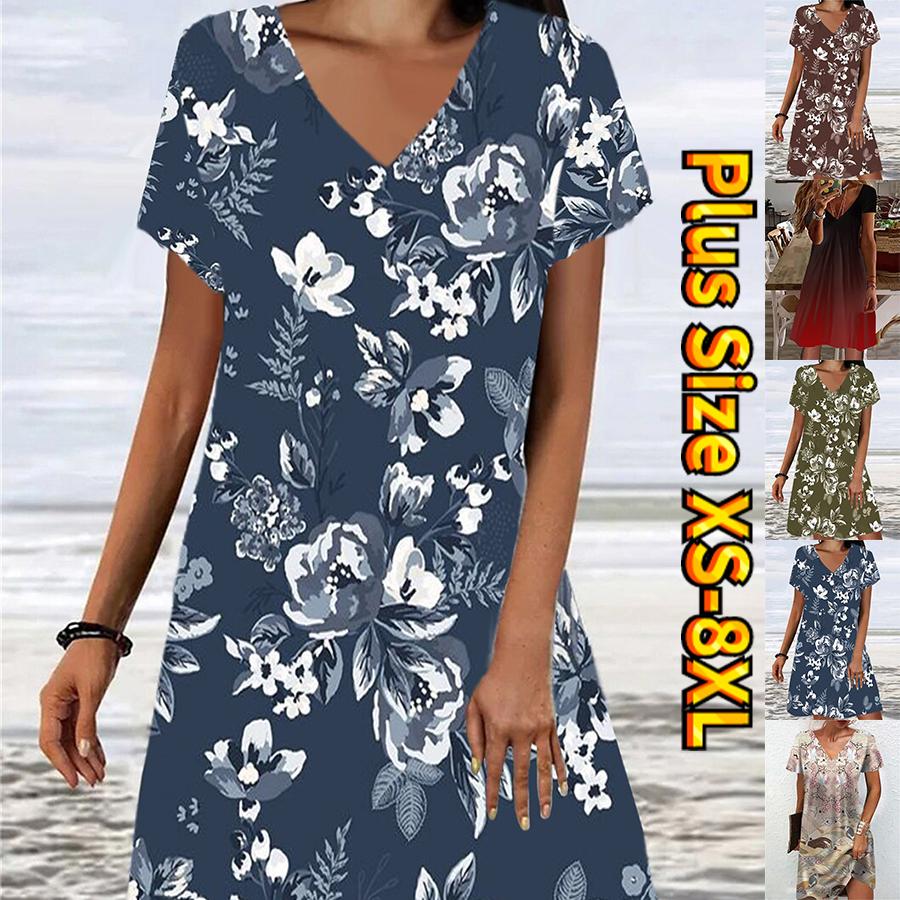 

Летнее модное платье с V-образным вырезом Женское платье с коротким рукавом с принтом синей розы Свободное повседневное платье для женщин