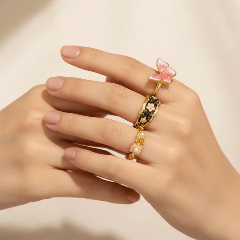 7Pcs/Set Rhinestone Flower Ring Set Camellia Flower Irregular Rings Unique Enamel Finger Rings Gift
