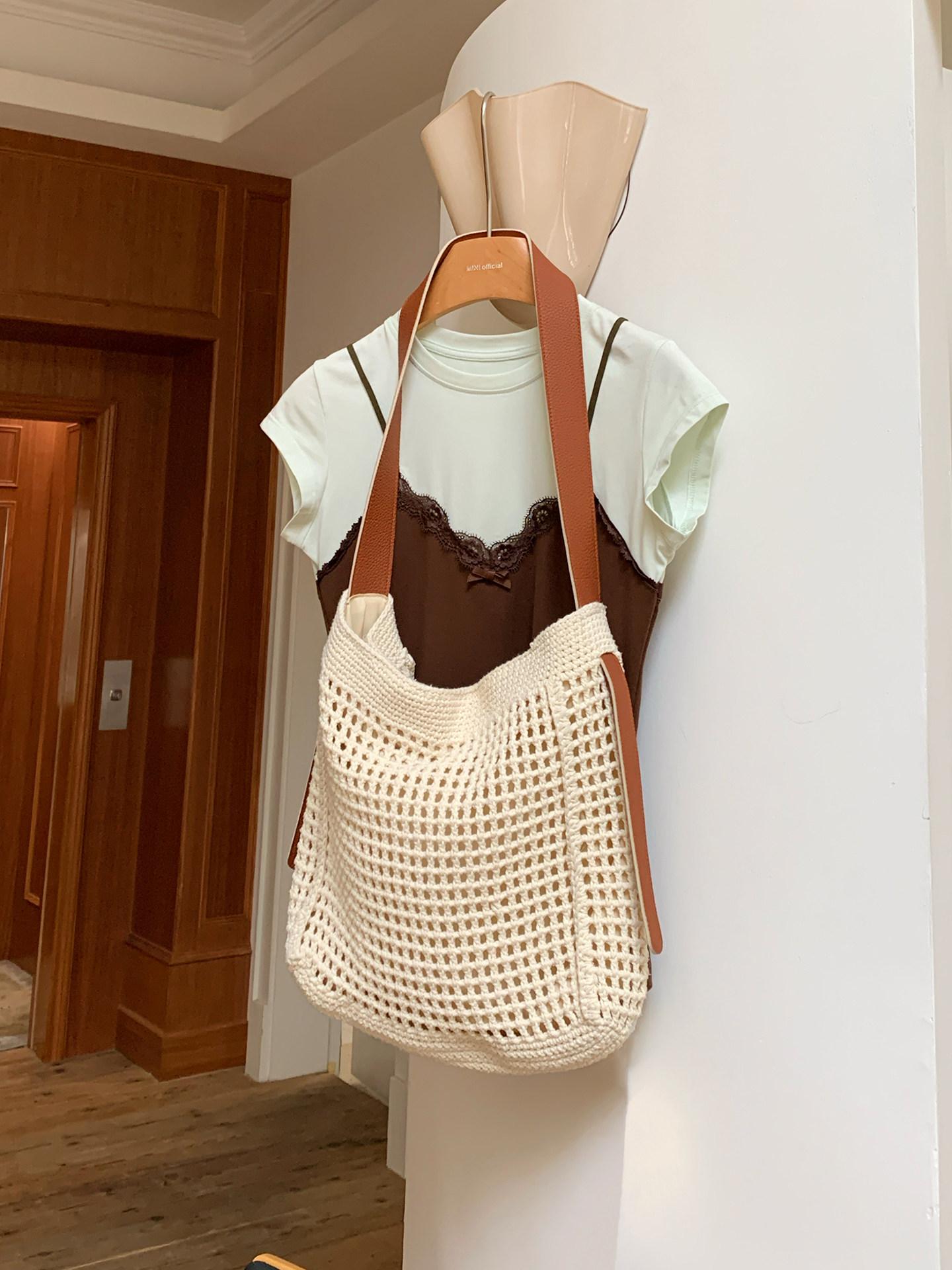 

Simple Hollow Woven Shoulder Bags for Women Large Capacity Ladies Seaside Vacati Beach Tote Bag Versatile Female Handbags бежевий