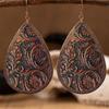 Ethnic Retro Tan Color Leather Water Droplet Carving Leaf Flower Dangle Earrings for Women
