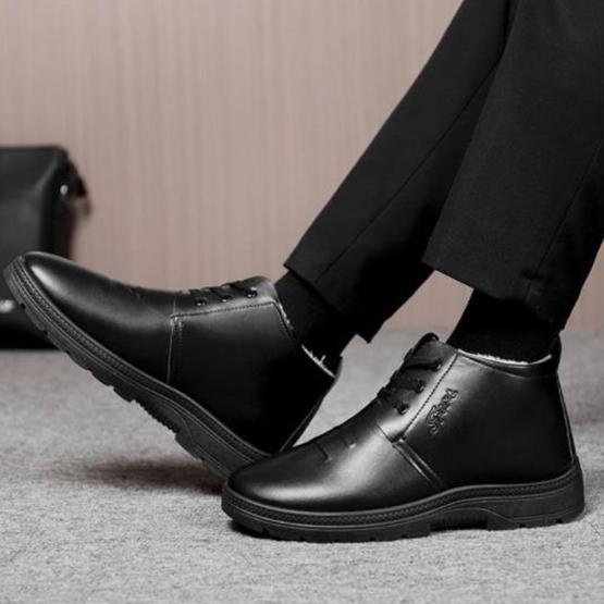 Winter Korean Warm Plus Velvet Men's Leather Shoes Large Size Black Cotton Shoes Non-slip Business Casual Warm Shoes