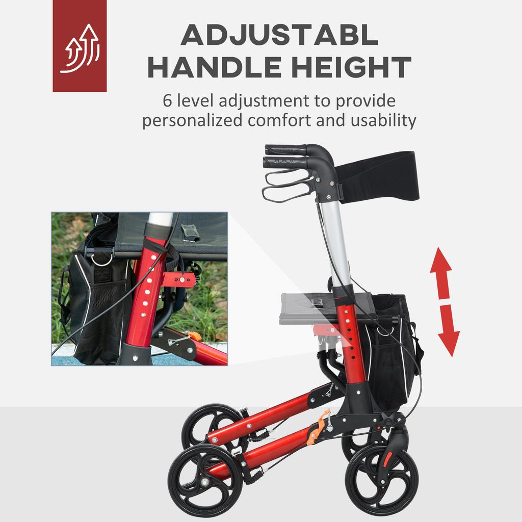 Folding Rollator Walker with Seat and Backrest, Lightweight Walking Frame with Detachable Storage Bag, Dual Brakes, Adjustable Handle Height