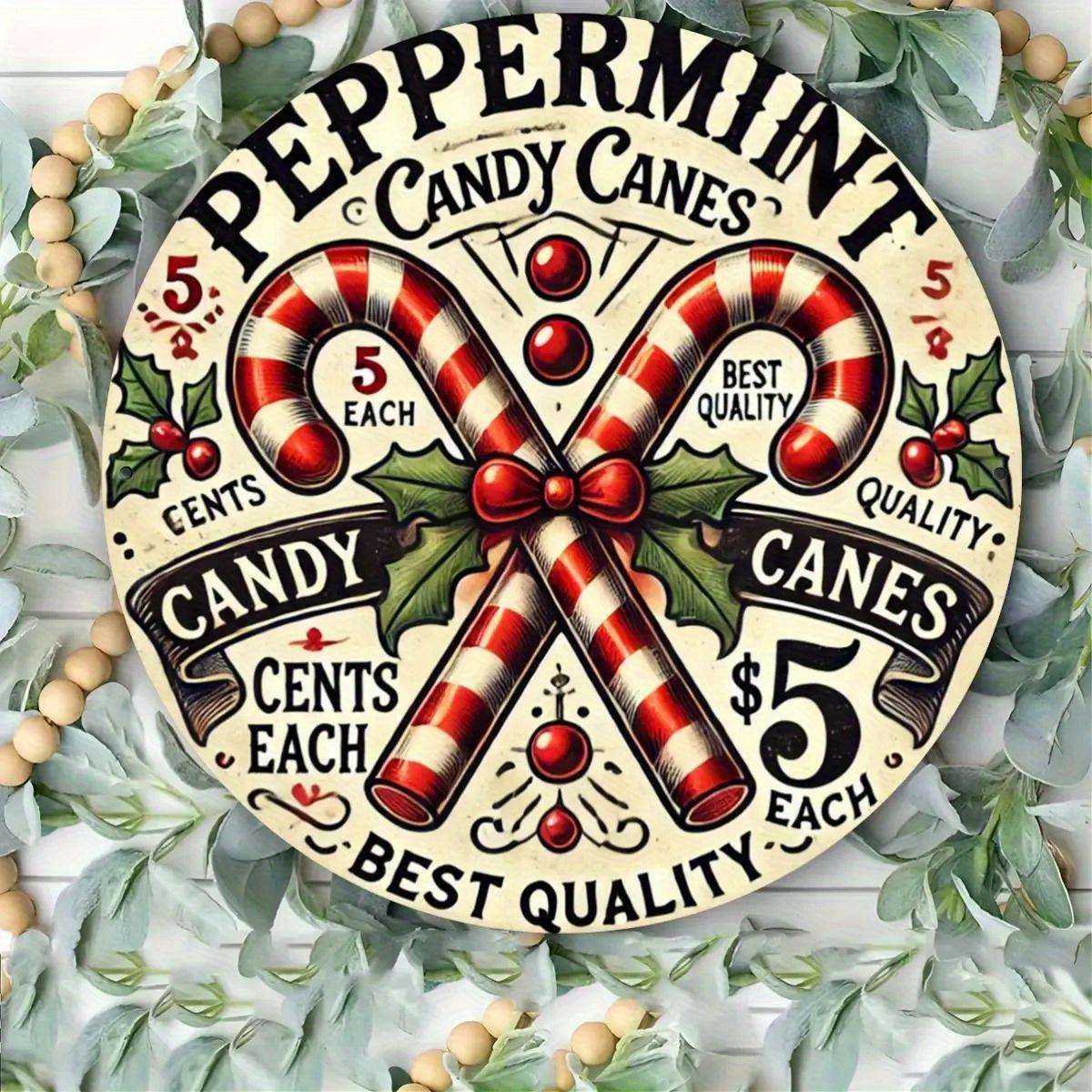 D Flat pc Vintage Peppermint Candy Cane Aluminum Sign Christmas Decoration with Candy Cane Design Red Green Holiday 20x20cm(8x8inch)