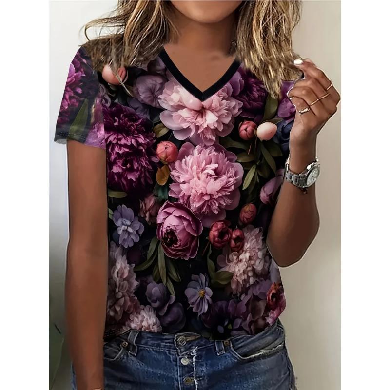 Summer Women Elegant V-Neck Short-Sleeved Maple Leaf Print Short Sleeve V-Neck T Shirt for Women Fashiont-Shirt