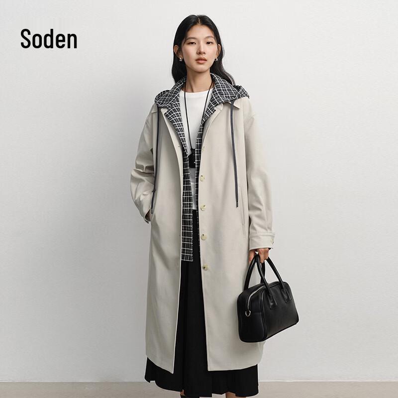 WHIteALLUSION Женский Тренч в Клетку Color-block со Съемным Капюшоном M