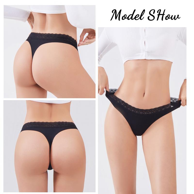 Women's Sexy Traceless T-Back Thongs Panties Seamless Solid Color Lace Trim Cozy Underwear Female Low Waist G-String Lingerie