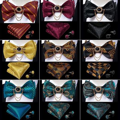 Gentlemens Bow Tie Tassel Brooch Paisley Silk Bowtie Hanky Cufflinks Set Vintage Style for Wedding