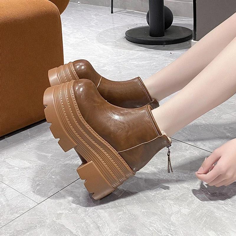 Fashion 10CM New Women Winter Chunky Ankle Snow Boots High Platform Fur Shoes Wedge Heels Plush Warm Short Boots Leather Chelsea Botas