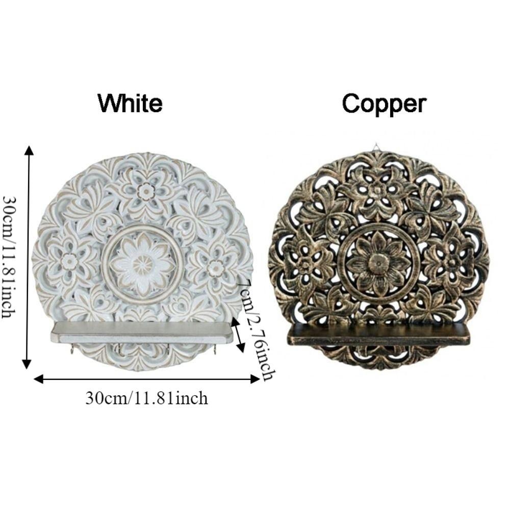 Bohemian Style Round Carved Rack Decorative Space Saving Wall Storage Rack Wall Mounted with Hooks Plant Display Rack