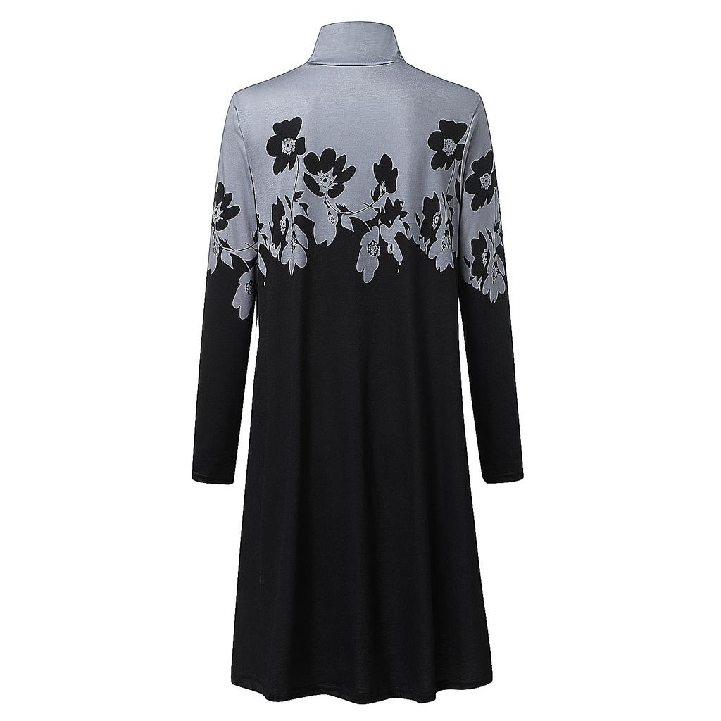 Ladies Fashion Print Half High Neck Long  Sleeve  Loose Straight  Dress