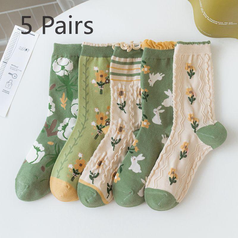 

5 пар кремово-бежевых носков с бантами для женщин, весенне-летние хлопковые носки, модные и свежие гольфы с тюльпанами 5 pairs