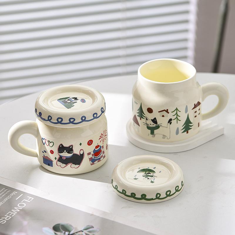 Cat Ceramic Cup with Lid Mug Girl Cute Literary Milk White Small Drinking Water Cup Office Worker Coffee Cup