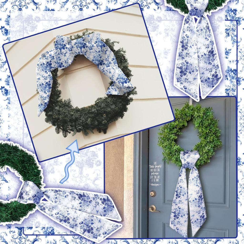 2 Pcs Wreath Sash for Front Door Reversible Chinoiserie Wreath Sash Accessories Decor for Monogram Garland Ribbon Porch Indoor Outdoor Home Party