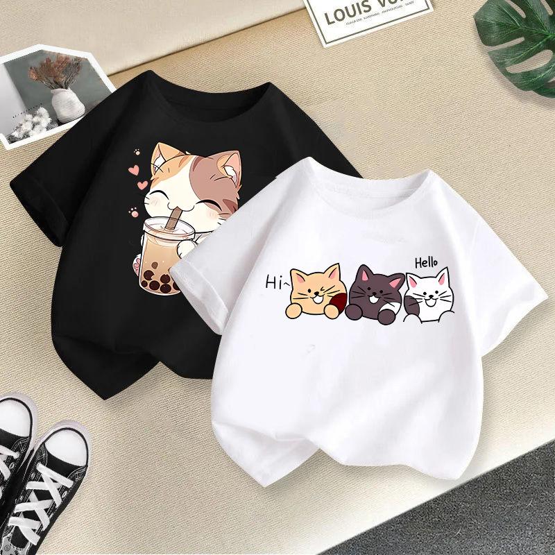 Kid T Shirt Cute Cat Printed Children T-shirt Kids 100% T-shirt Tops Tee Boys Girls Baby Tee 2-13Y