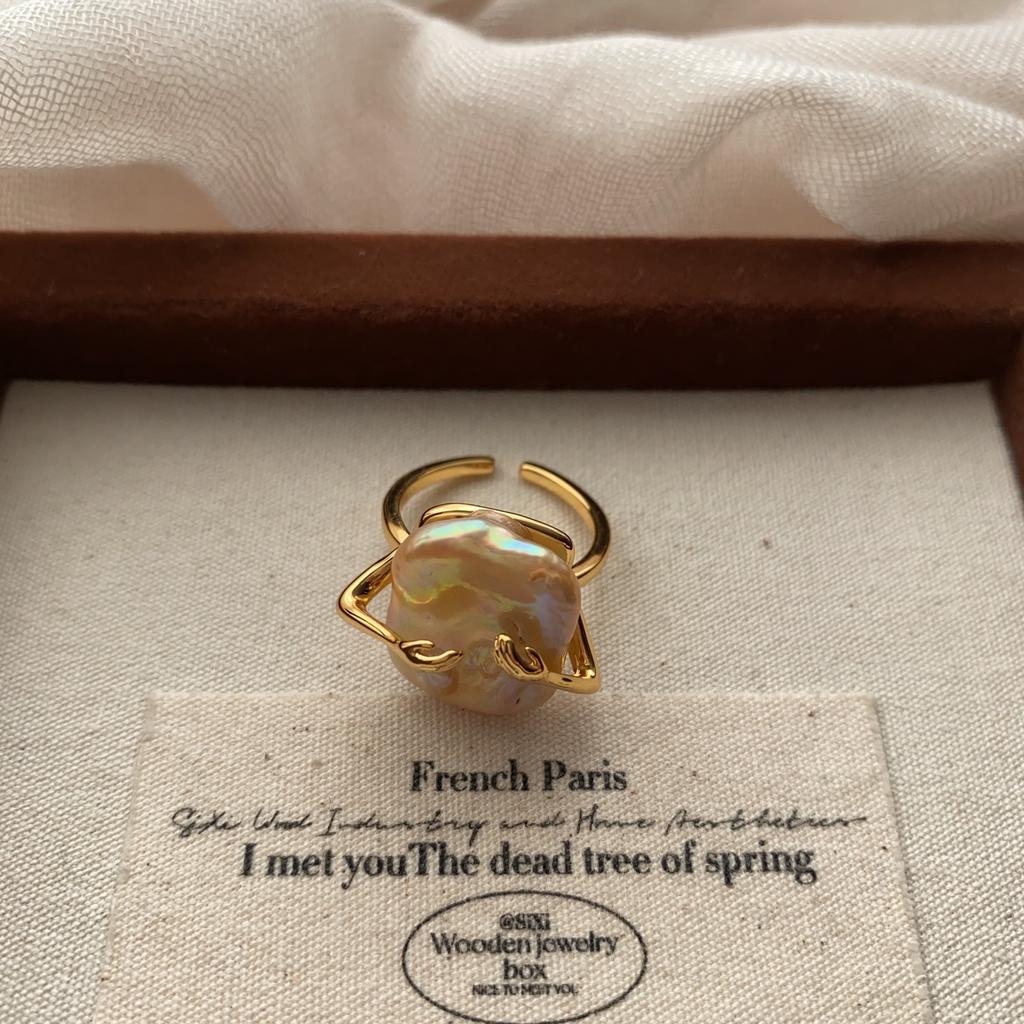 Retro Pearl Ring Cold Fashion Light Luxury Niche Design Advanced Opening Adjustable Index Finger Ring Elegant And Versatile