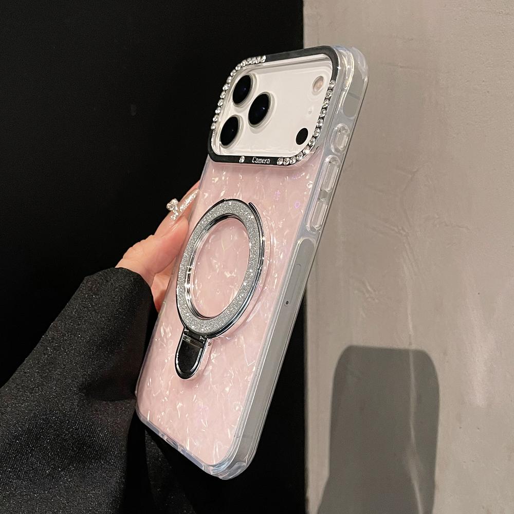 KEYSION Magnetische Muscheltextur Juwelenbesetzte Handyhülle für iPhone 14 15 17 Pro Max Air 16Plus Stoßfestes Panzer-Ringständer-Backcover