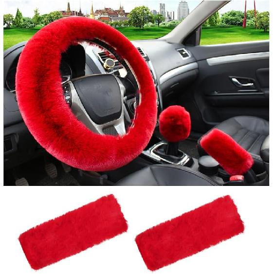 5 PCS Fluffy Steering Wheel Covers Set, Faux Wool Steering Wheel Cover & Handbrake Cover & Gear Shift Cover & 2 Seat Belt Shoulder Pads, Universal