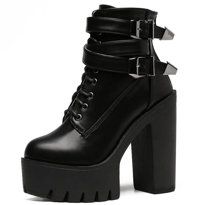 Fashion Korean Version of High Heel Boots Women's Waterproof Platform Thick Heel Platform Ankle Boots Single Boot Buckle Strap