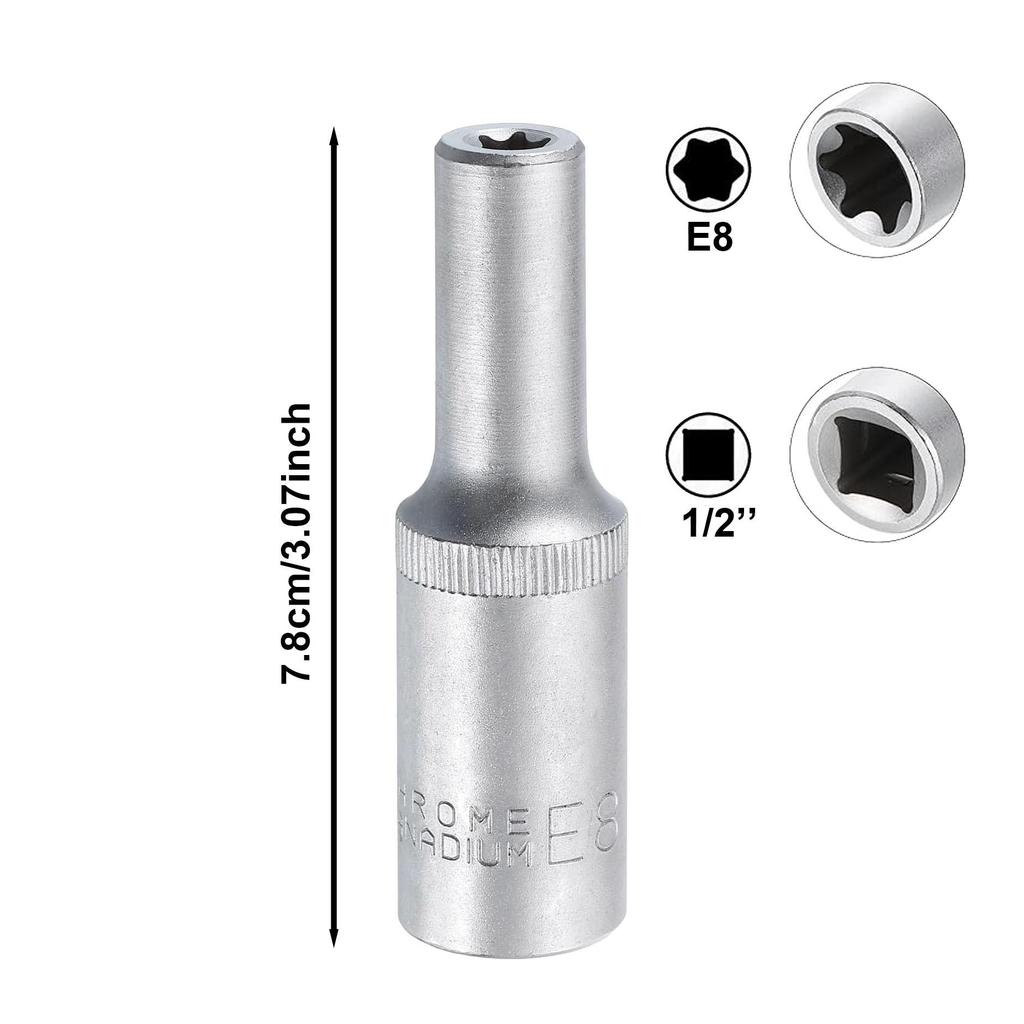 10-Piece 1/2" E8-E24 External Hex Long Deep Socket Wrench Set, CR-V Steel