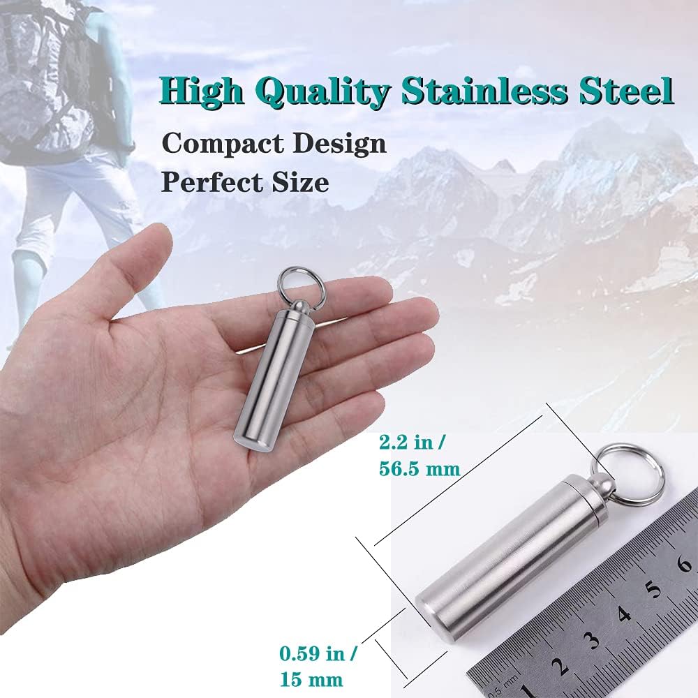 Pill Holder Keychain,Portable Waterproof Single Chamber Stainless Steel Pill Container,Small Pill Box Case for Outdoor Travel Camping - 2 Pack