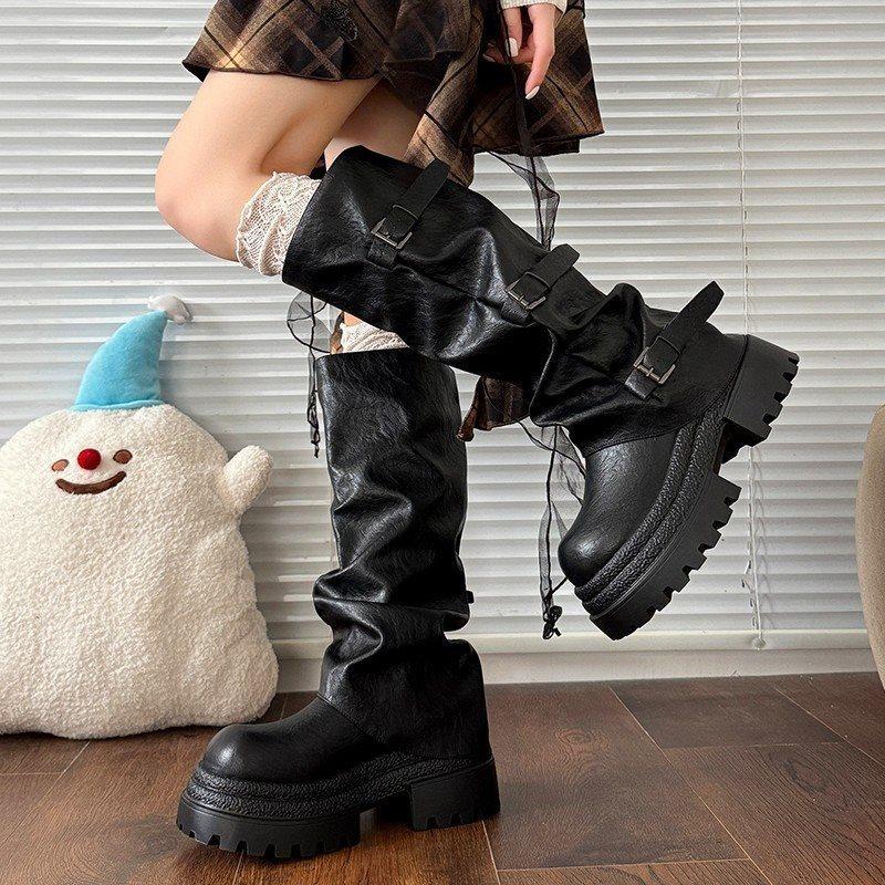 Boots Brown Pile Rad Platform New 2025 Heightening Knight Boots Women's Boots Retro Spring and Autumn Pants Tube Beauty Tube